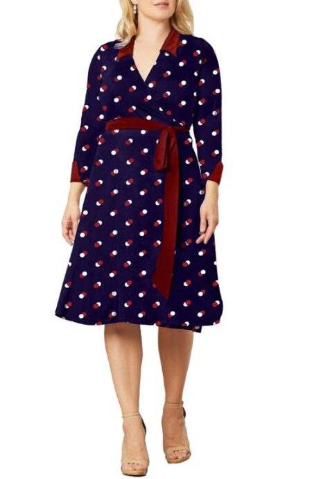  Sophisticate Long Sleeve Wrap Dress in Navy Dot Duo at Nordstrom   