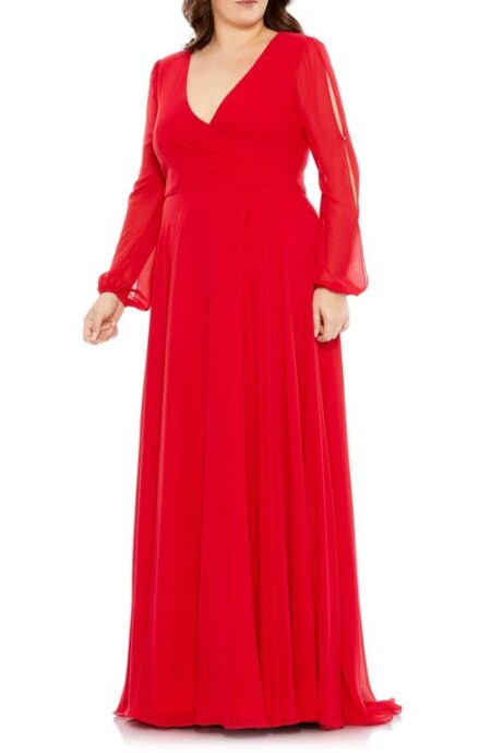  Split Long Sleeve Chiffon Gown in Red at Nordstrom   W