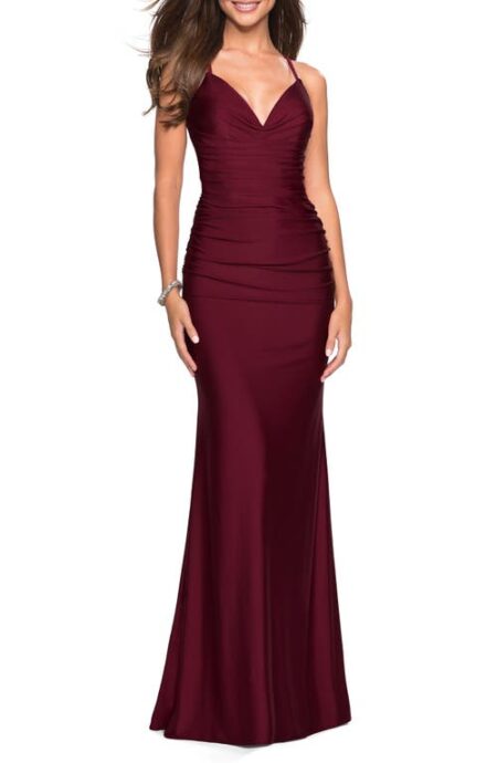  Strappy Back Ruched Trumpet Gown in Dark Berry at Nordstrom   