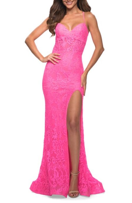  Strappy Back Stretch Lace Gown in Neon Pink at Nordstrom   