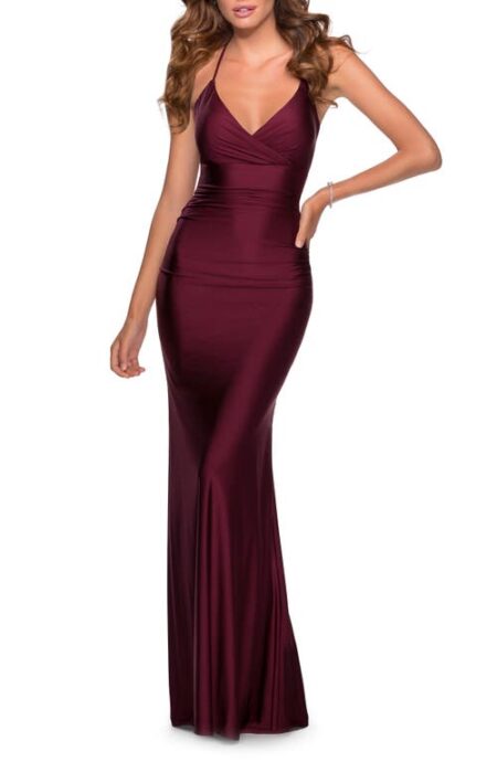  Strappy Back Trumpet Gown in Dark Berry at Nordstrom   