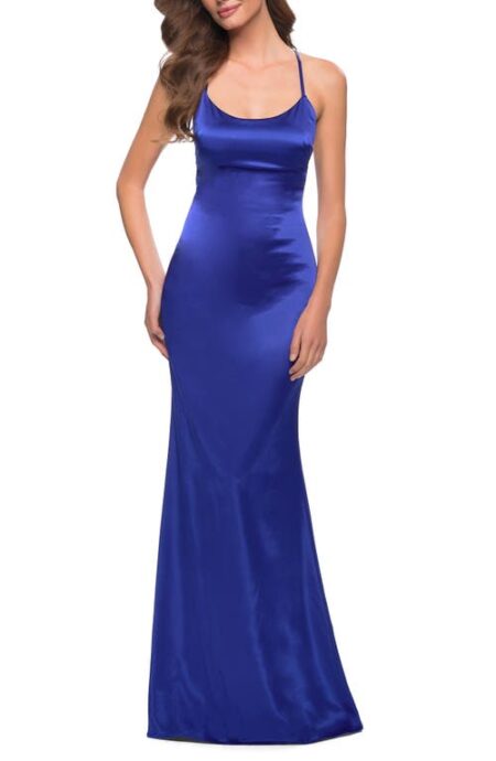  Strappy Stretch Satin Trumpet Gown in Royal Blue at Nordstrom   