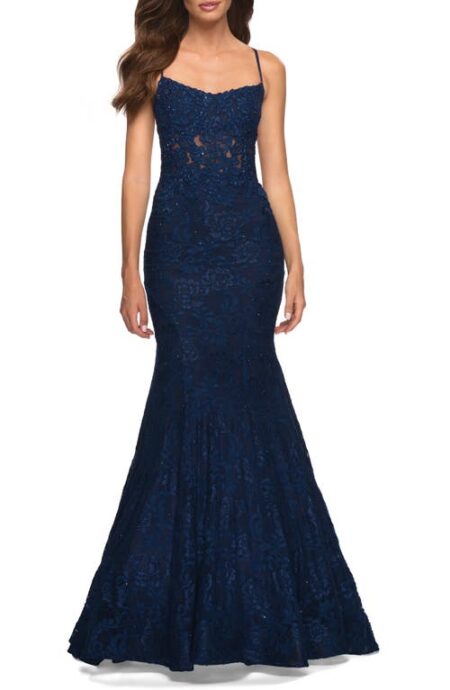  Stretch Lace Mermaid Gown in Navy at Nordstrom   