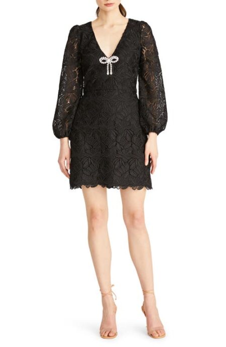  Sydney Rhinestone Bow Long Sleeve Lace Cocktail Dress in Black at Nordstrom   