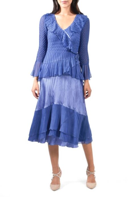  Tiered Long Sleeve Faux Wrap Dress in Fregatta Blue at Nordstrom  Small