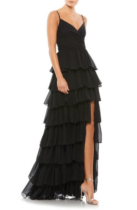  Tiered Ruffle Empire Waist Chiffon Gown in Black at Nordstrom   