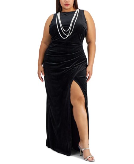  Trendy Plus  Velvet Necklace-Trim Open-Back Gown Black