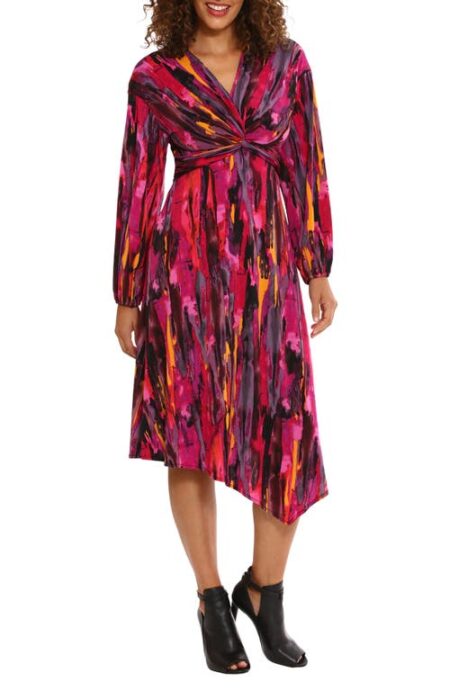  Twist Front Long Sleeve Asymmetric Hem Dress in Dusty Grape/Boysenberry at Nordstrom   
