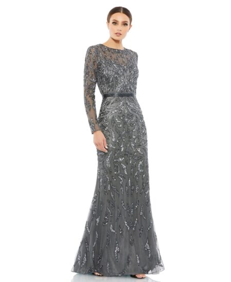 Women's Beaded Long Sleeve Evening Gown Charcoal