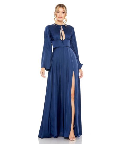 Women's Charmeuse Soft Tie Keyhole Bell Sleeve Gown Midnight
