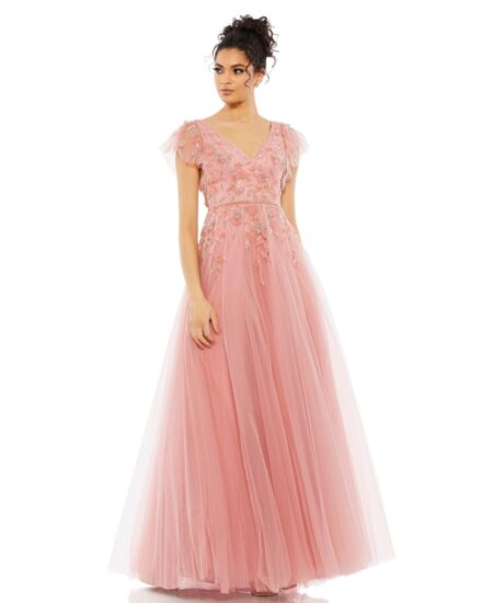 Women's Embellished Cap Sleeve V Neck Gown Salmon