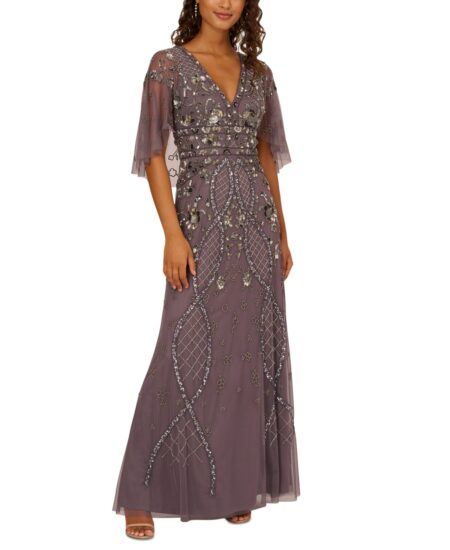 Women's Embellished Cape-Sleeve Gown Moonscape