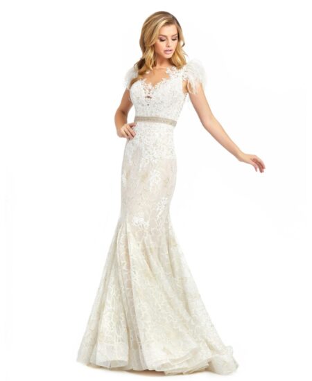 Women's Embellished Feather Cap Sleeve Illusion Neck Trumpet Gown Ivory nude