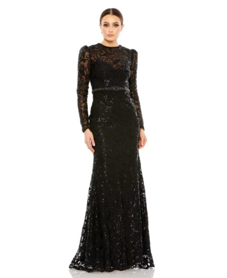 Women's Embellished High Neck Long Sleeve Gown Black