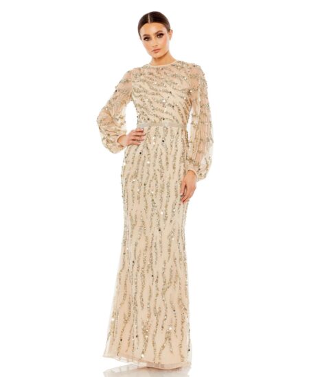 Women's Embellished High Neck Puff Sleeve Trumpet Gown Nude gold