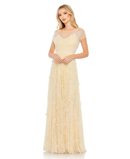 Women's Embellished Illusion Cap Sleeve Gown Buttercup