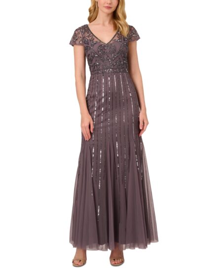  Women's Embellished V-Neck Godet Gown Moonscape