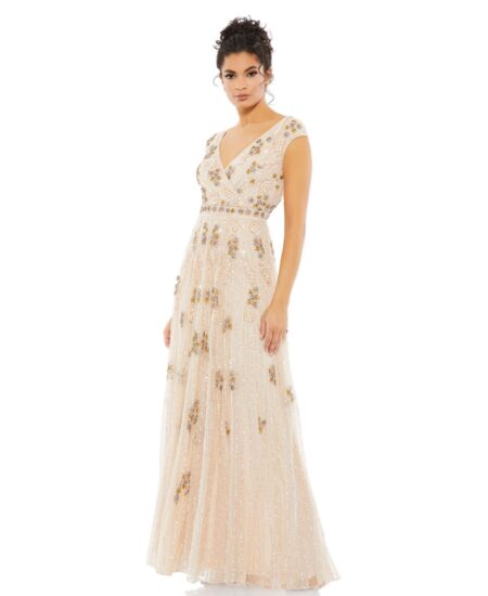 Women's Embellished Wrap Over Cap Sleeve A-Line Gown Blush