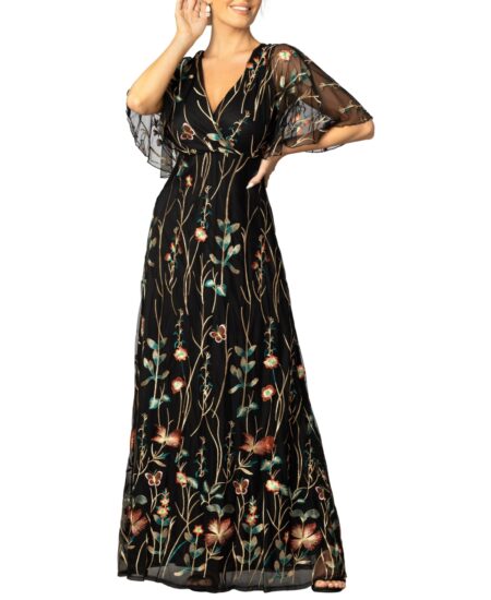 Women's Embroidered Elegance Evening Gown with Sleeves Onyx