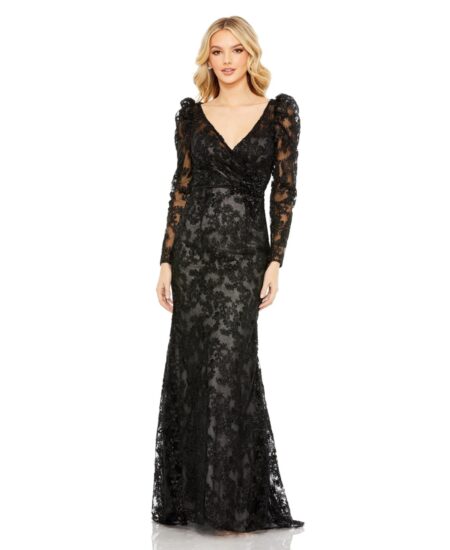 Women's Embroidered Lace Puff Sleeve Wrap Over Gown Black
