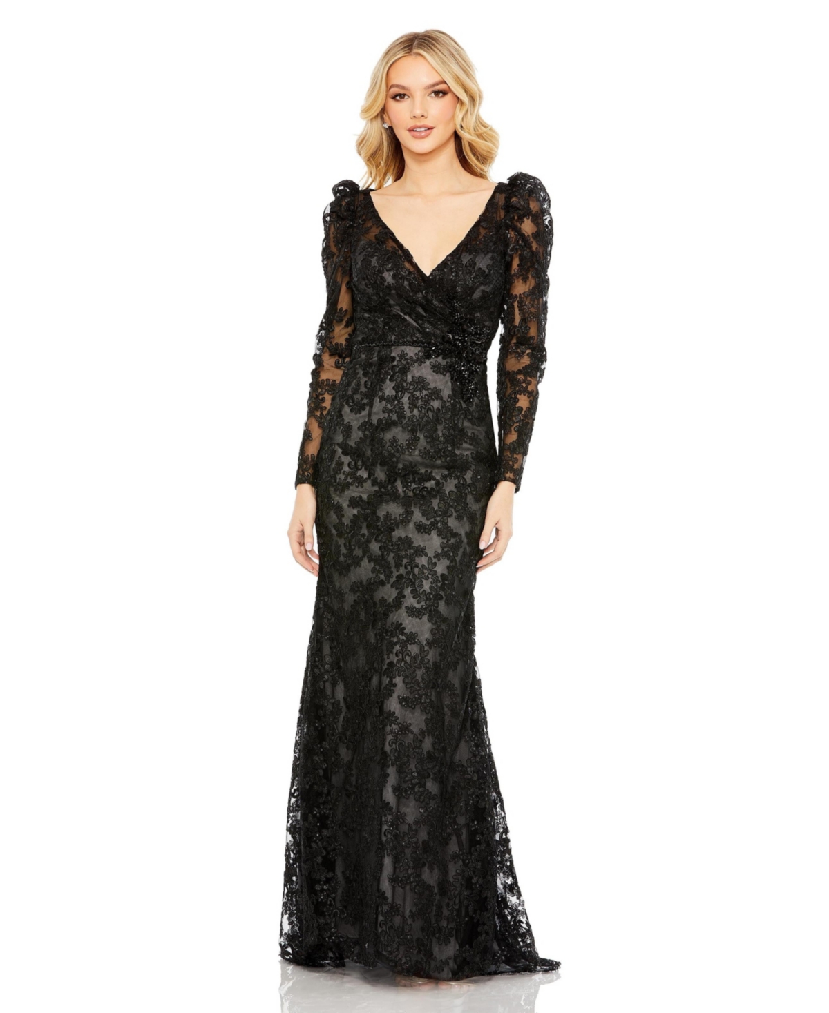 Women’s Embroidered Lace Puff Sleeve Wrap Over Gown Black