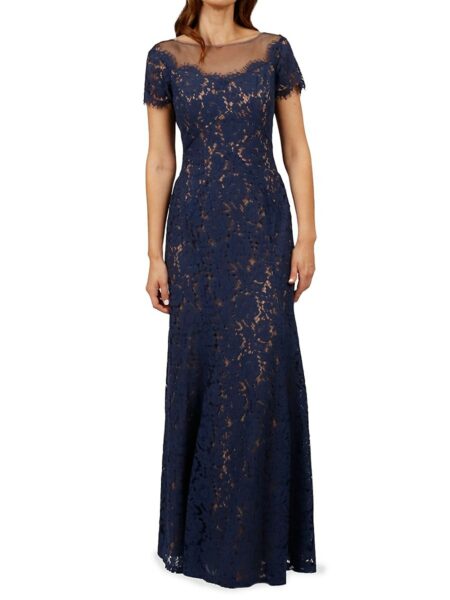  Women's Illusion Lace Sheath Gown Navy   