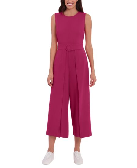  Women's Jewel Neck Belted Cropped Jumpsuit Cherry