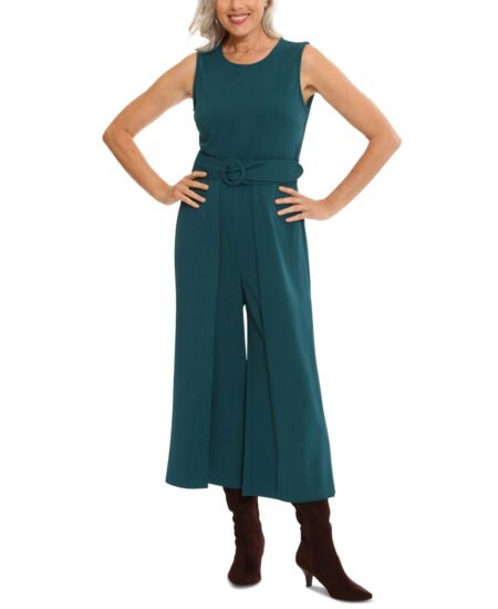  Women's Jewel Neck Belted Cropped Jumpsuit Deep Teal