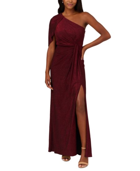  Women's Metallic Draped One-Shoulder Gown Dark Ruby