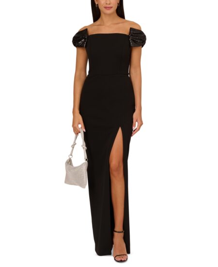  Women's Off-The-Shoulder Stretch Knit Crepe Gown Black