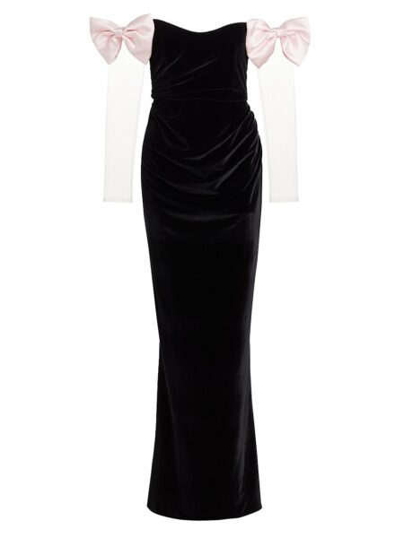 Women's Olivia Bow Velvet Off-the-Shoulder Column Gown Noir   