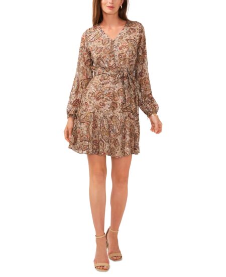  Women's Paisley V-Neck Button-Front Belted Dress French Roast