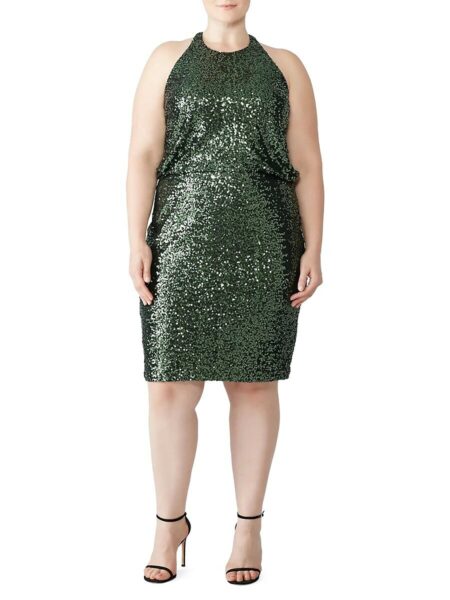  Women's Plus Sequin Halter Sheath Dress Green   