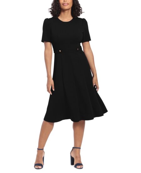  Women's Puff-Sleeve Tab-Detail Fit & Flare Dress Black