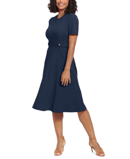  Women's Puff-Sleeve Tab-Detail Fit & Flare Dress Navy Blazer