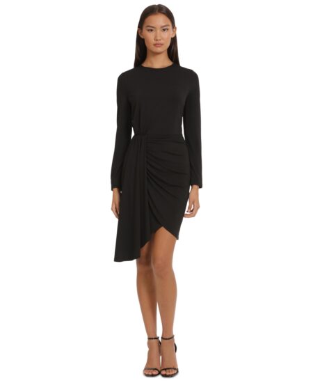  Women's Round-Neck Long Sleeve Mini Dress Black