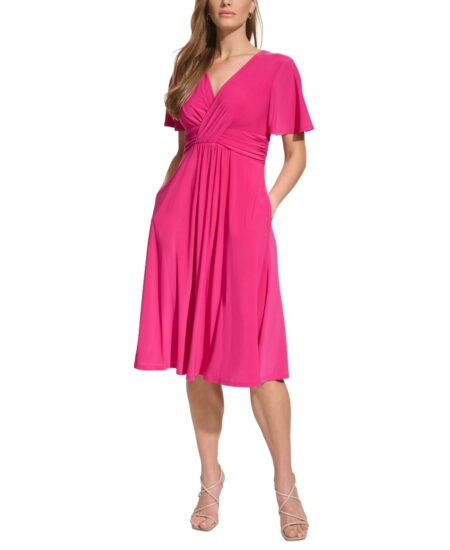  Women's Ruched Crossover-Front Dress Fuchsia