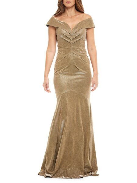  Women's Ruched Mermaid Gown Metallic Gold   