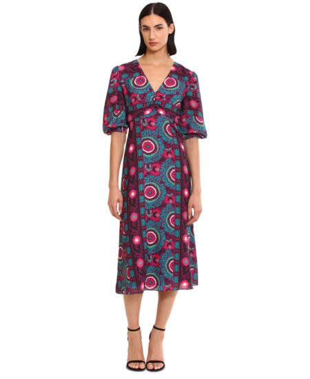  Women's Ruched / -Sleeve Midi Dress Plumberry/turq Gem