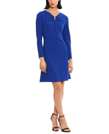  Women's Ruched V-Neck Long-Sleeve Dress Retro Blue