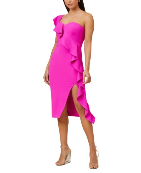  Women's Ruffled Asymmetrical Dress Pink Flame