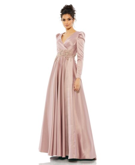 Women's Satin Long Sleeve V Neck A Line Gown Rose pink