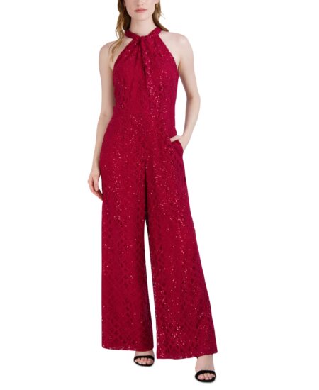  Women's Sequin-Lace Halter Twist-Neck Jumpsuit Crimson
