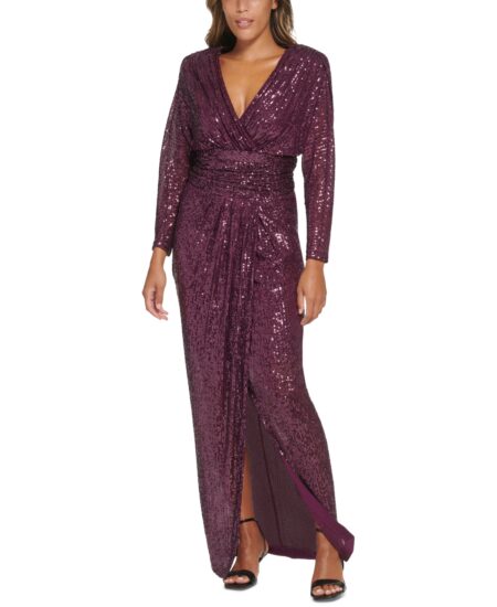  Women's Sequined Banded-Waist Evening Gown Aubergine