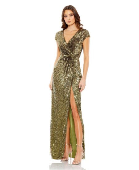 Women's Sequined Faux Wrap Cap Sleeve Gown Olive