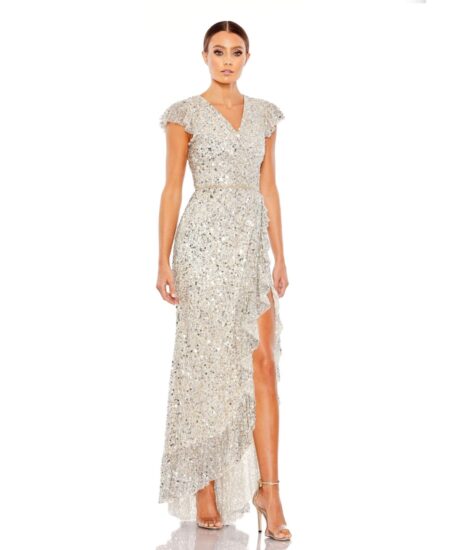 Women's Sequined Faux Wrap Ruffle Cap Sleeve Gown Silver nude