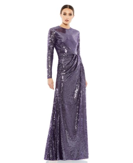 Women's Sequined High Neck Long Sleeve Draped Gown Dark Ameth