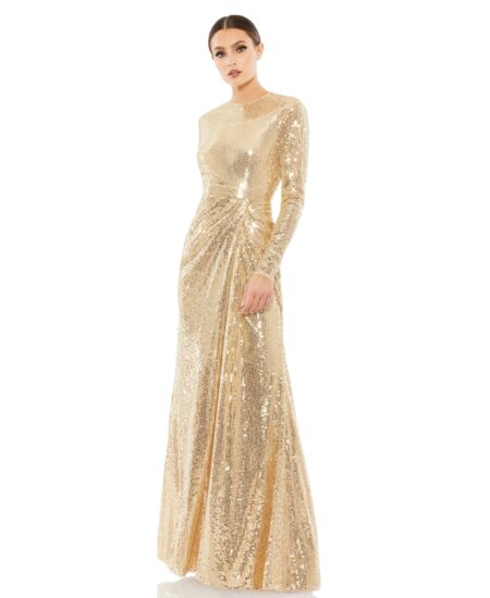 Women's Sequined High Neck Long Sleeve Draped Gown Gold