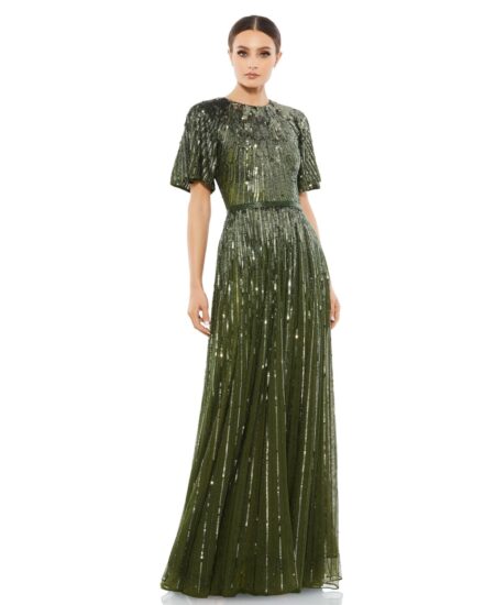 Women's Sequined High Neck Short Sleeve A Line Gown Olive