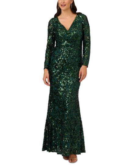  Women's Sequined Lace V-Neck Gown Hunter
